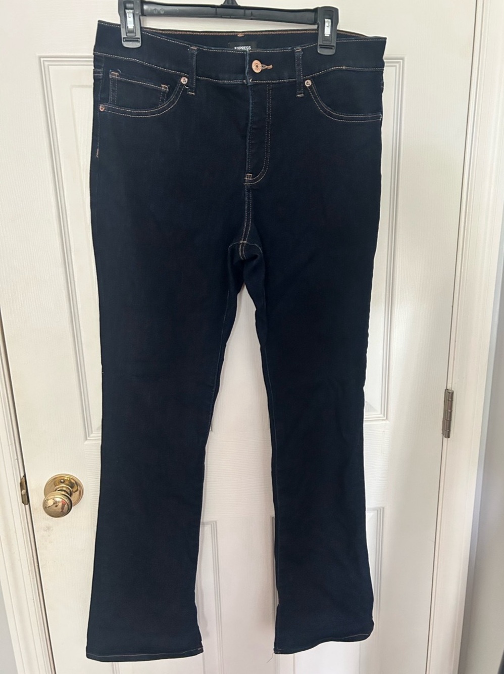 Women’s, Express, Skyscraper Mid Rise Boot Cut Jeans in Dark Blue, Size 12R
